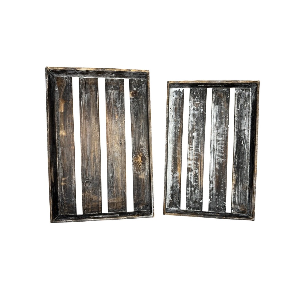 Set of 2 Rustic‎ Wood Serving Trays Set Farmhouse Distressed Decor Handles